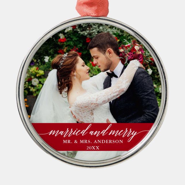 Married and Merry Wedding Calligraphy Red Metal Ornament (Front)