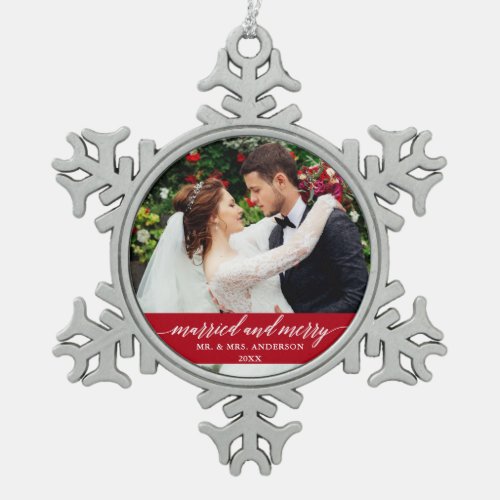 Married and Merry Wedding Calligraphy Red Snowflake Pewter Christmas Ornament