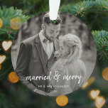 Married and Merry | Wedding Day Photo Christmas Ornament<br><div class="desc">Beautiful wedding day photograph christmas ornament with a simple, modern, minimalist "married and merry" quote in handwritten script typography. This versatile design can be personalized with your own photograph, name and date to make a truly unique and bespoke design in honor of your special day. The card shows an example...</div>