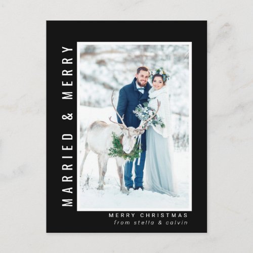 Married and Merry Wedding Photo Black Holiday Postcard