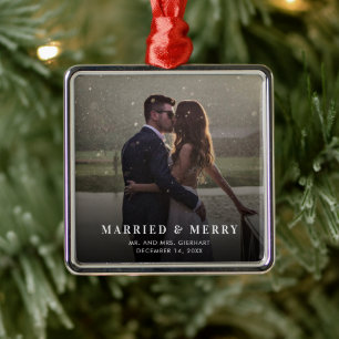 Married and Merry Wedding Photo Christmas Metal Ornament