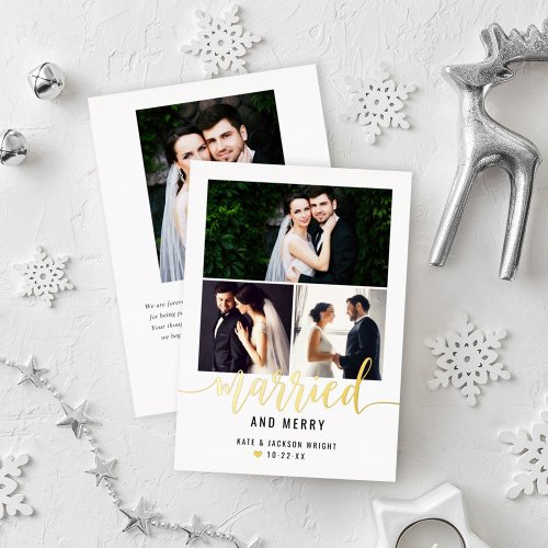 Married and Merry Wedding Photo Collage Gold Foil Holiday Card