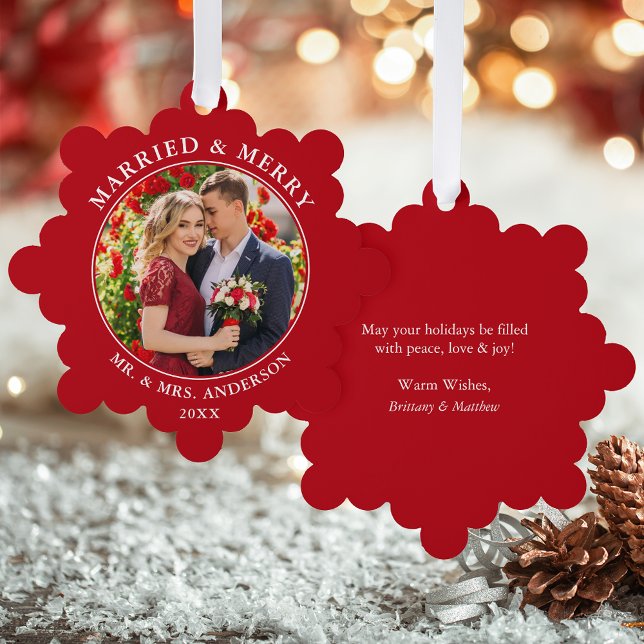 Married and Merry Wedding Photo Red Ornament Card (A greeting card that is also an ornament! Customize with your photo and personalized text.)