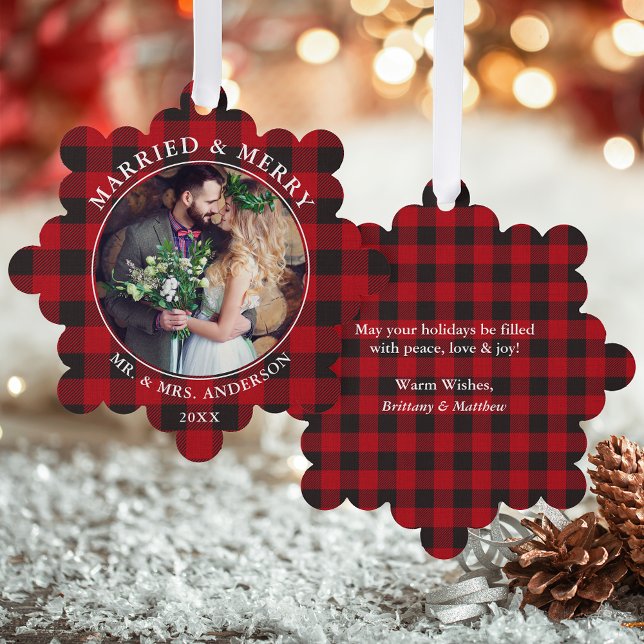 Married and Merry Wedding Photo Red Plaid Ornament Card (A greeting card that is also an ornament! Customize with your photo and personalized text.)