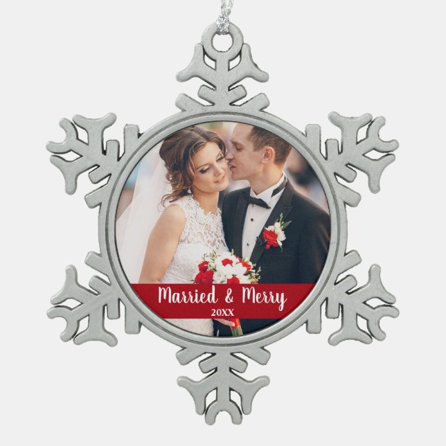 Married and Merry Wedding Photo Red Snowflake Pewter Christmas Ornament (Front)