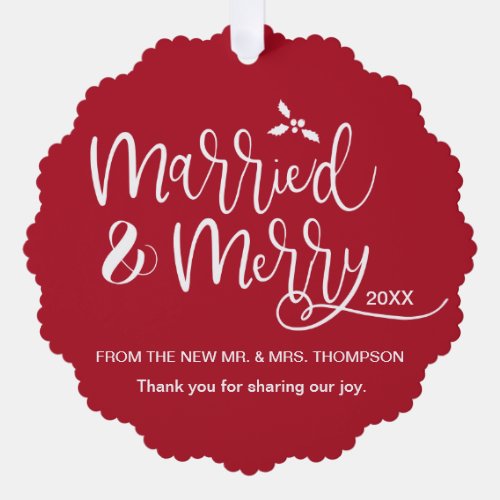 Married and Merry Wedding Photo Red Thank you Ornament Card