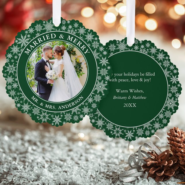 Married and Merry Wedding Photo Snowflakes Green Ornament Card (A greeting card that is also an ornament! Customize with your photo and personalized text.)