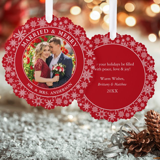 Married and Merry Wedding Photo Snowflakes Red Ornament Card (A greeting card that is also an ornament! Customize with your photo and personalized text.)