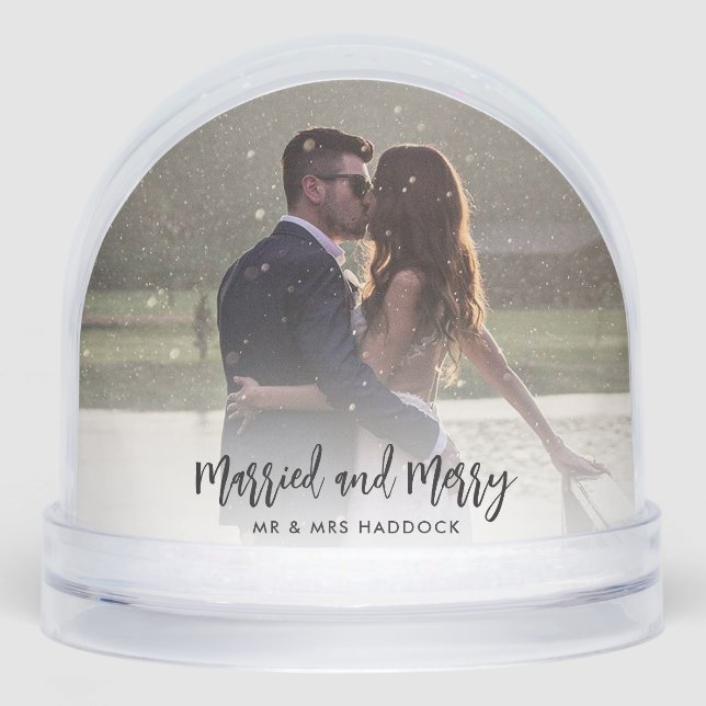 Married and Merry Wedding Photos Christmas Snow Globe (Front)