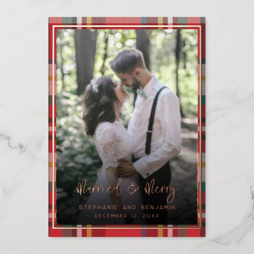 Married and Merry Wedding Photos Rose Gold Foil Holiday Card