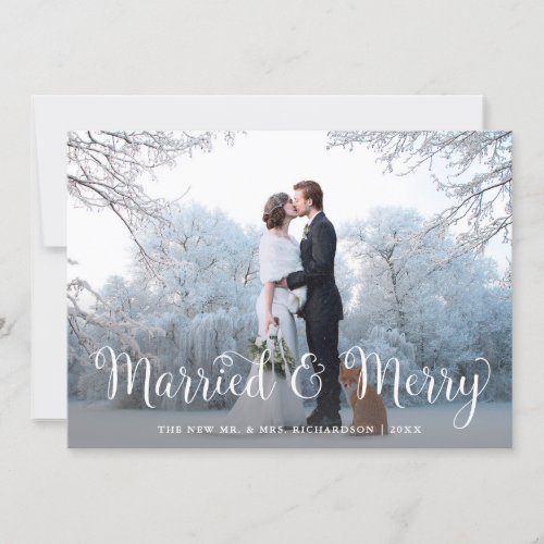 Married and Merry  Winter Bokeh with Photo Holiday Card