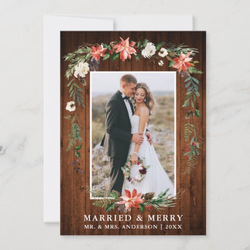 Married and Merry Wood Watercolor Winter Floral Holiday Card