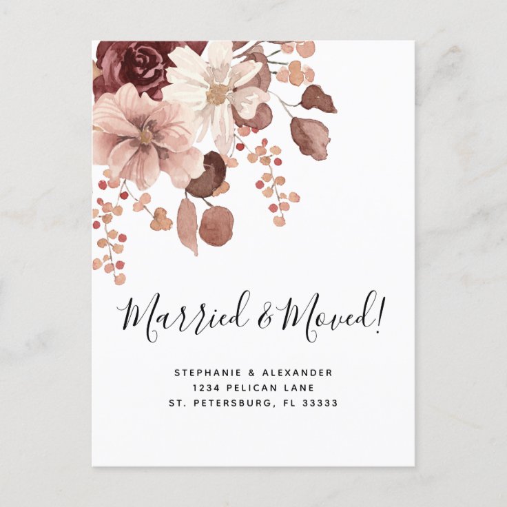 Married and Moved Dusty Rose Floral Eucalyptus Announcement Postcard ...