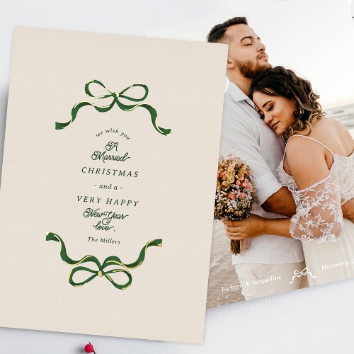 Married Bows Cream  Green Real Gold Photo Foil Holiday Card