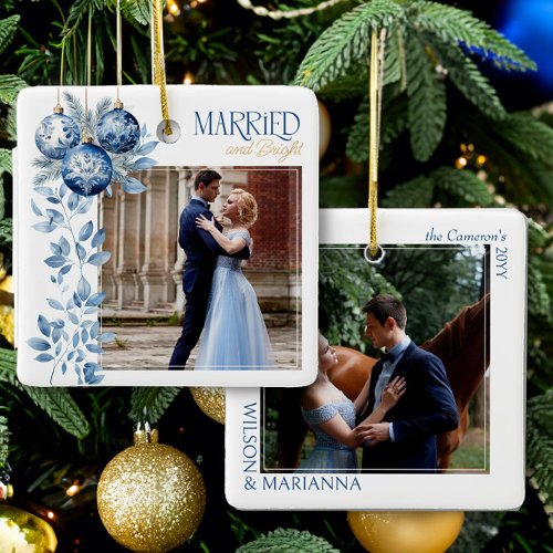 Married &amp; Bright 2 Square Wedding Photo Ceramic Ornament