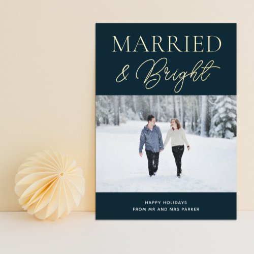 Married Bright Blue Gold Script Photo Christmas Foil Holiday Card