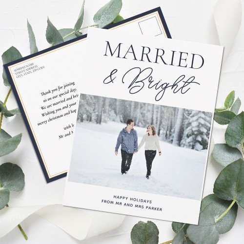 Married Bright Blue Script Modern Photo Christmas Holiday Postcard