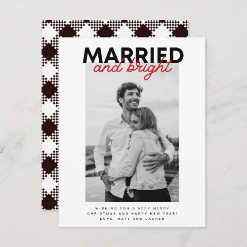Married Bright Christmas Newlywed Photo Plaid Holiday Card
