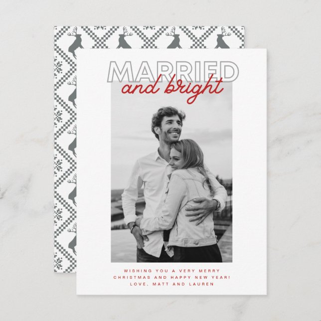 Married Bright Christmas Plaid Gray Newlywed Photo Holiday Card (Front/Back)