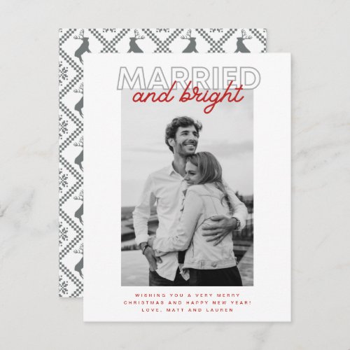 Married Bright Christmas Plaid Gray Newlywed Photo Holiday Card