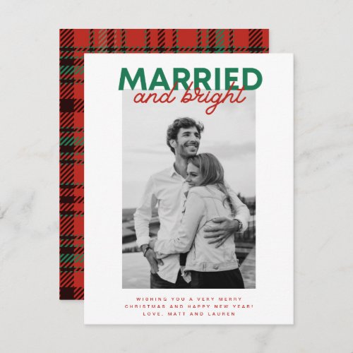 Married Bright Christmas Plaid Newlywed Photo Holiday Card