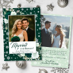 Married & Bright Emerald Roses Festive Newlyweds Holiday Card<br><div class="desc">These beautiful holiday cards are designed for a couple celebrating their first holidays as a married couple. The design features your photo on a deep emerald green colored background surrounded by hand painted watercolor roses in shades of emerald, sage, and mint, along with whimsical and festive snowflakes. The caption reads...</div>
