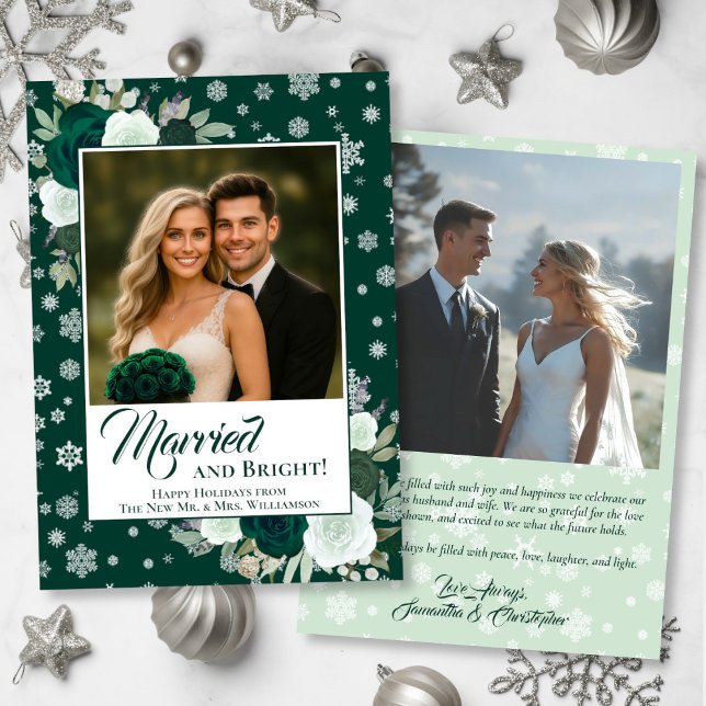 Married & Bright Emerald Roses Festive Newlyweds Holiday Card (Front/Back)