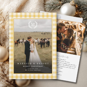 "Married & Bright" Gingham Monogram Crest 2 Photo Thank You Card