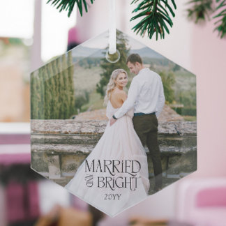 Married & Bright Minimalist Modern Wedding Photo Glass Ornament