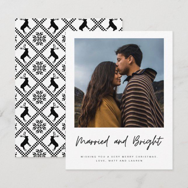 Married Bright Newlywed Couple Plaid Photo Holiday Card (Front/Back)