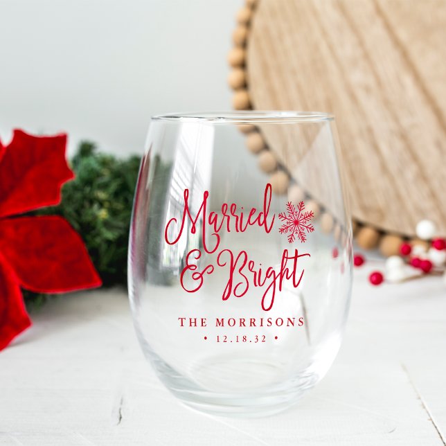 Married & Bright | Newlywed Holiday Stemless Wine Glass (Creator Uploaded)
