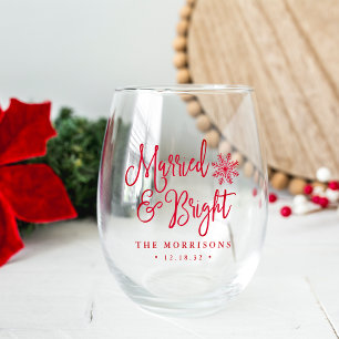 Married & Bright Newlywed Holiday Stemless Wine Glass