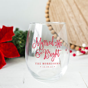 Married & Bright   Newlywed Holiday Stemless Wine Glass