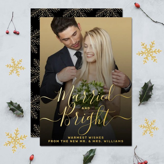 Married & Bright Newlyweds Wedding Photo Real Foil Holiday Card (Creator Uploaded)
