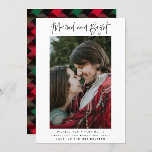 Married Bright Photo Plaid Newlywed Christmas Holiday Card