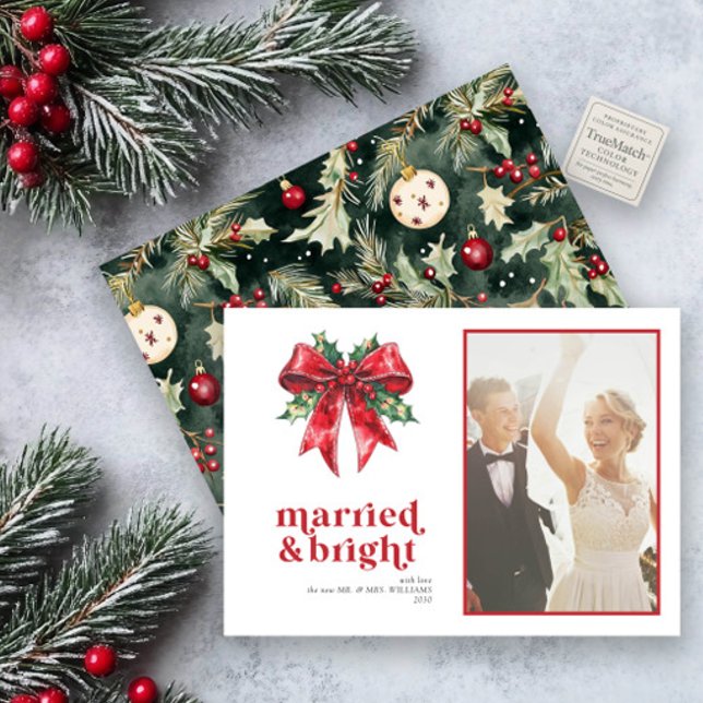 Married & Bright Red Bow Holly Newlywed Photo Holiday Card (Creator Uploaded)