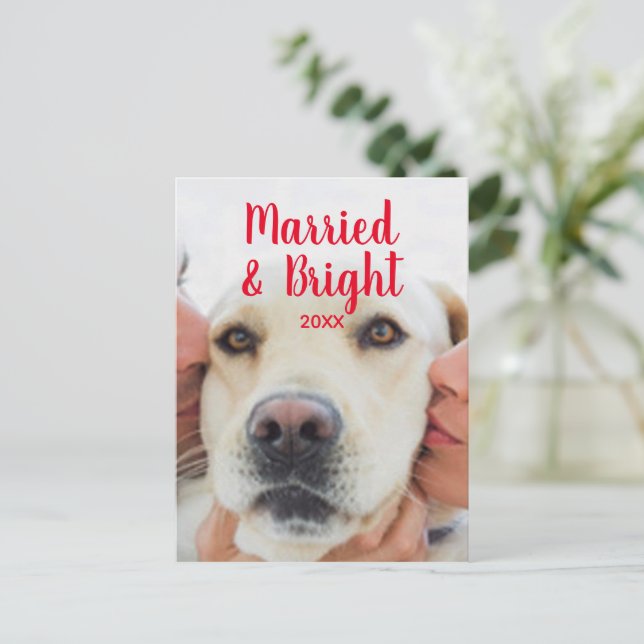 Married & Bright red custom photo name Christmas Postcard (Standing Front)