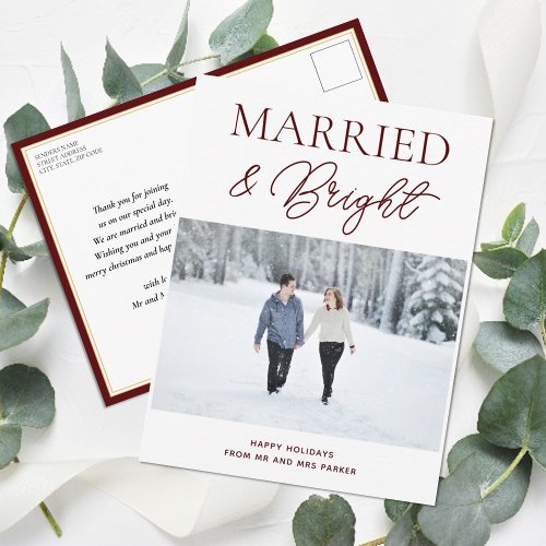 Married Bright Red Script Modern Photo Christmas Holiday Postcard