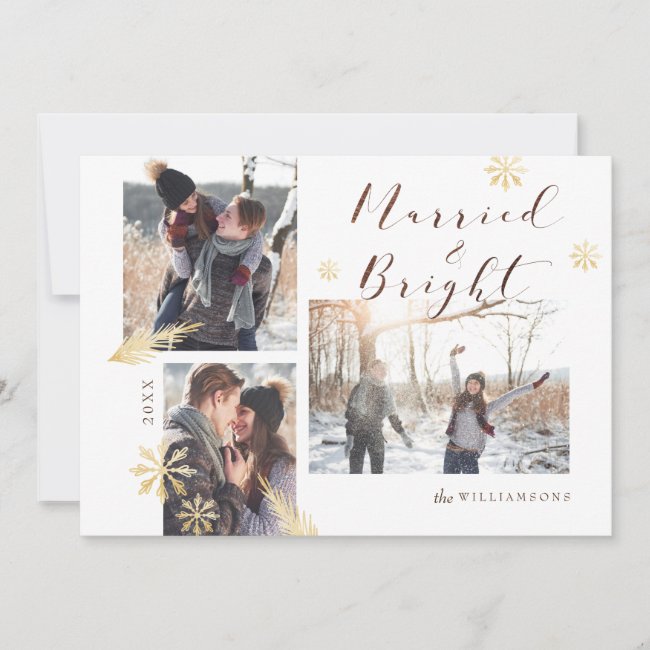 Married & Bright Rustic Wood Gold Snowflake Photo Holiday Card