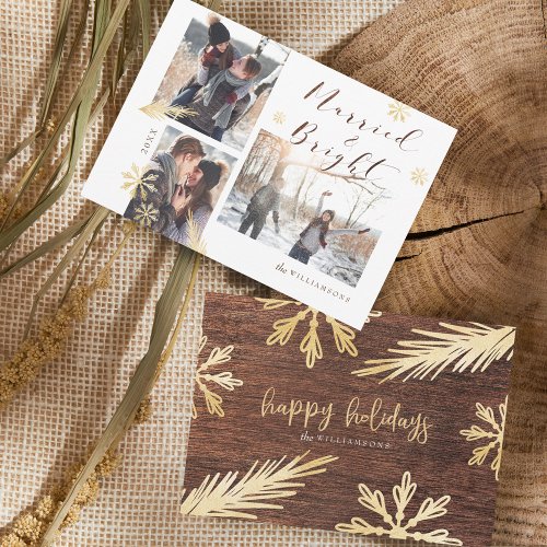 Married  Bright Rustic Wood Gold Snowflake Photo Holiday Card