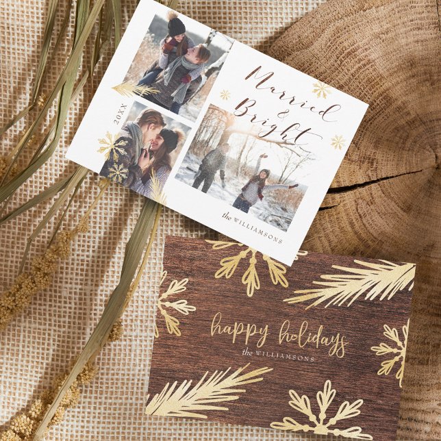 Married & Bright Rustic Wood Gold Snowflake Photo Holiday Card (Married & Bright Rustic Wood Gold Snowflake Photo Holiday Card)