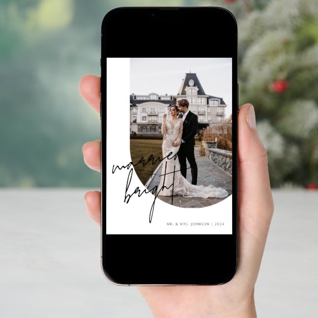 Married + Bright Script Calligraphy Arch Photo Holiday Card (Front Digital)