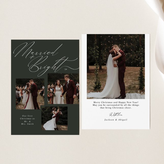 Married & Bright Script Typography Christmas Photo Holiday Card (Creator Uploaded)