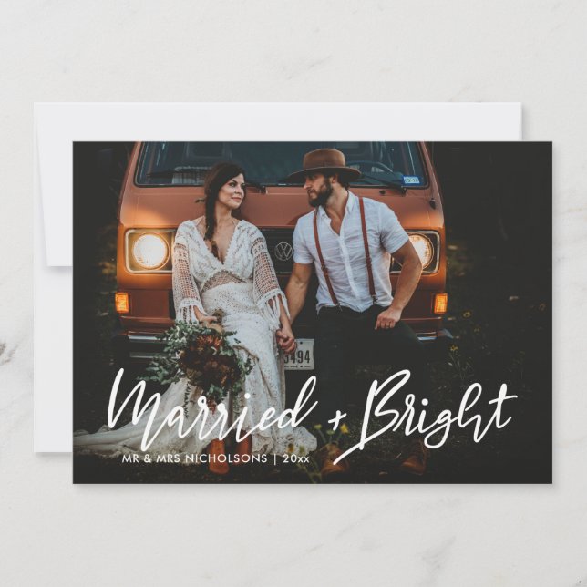 Married & Bright Script Wedding Couple Photo Holiday Card (Front)