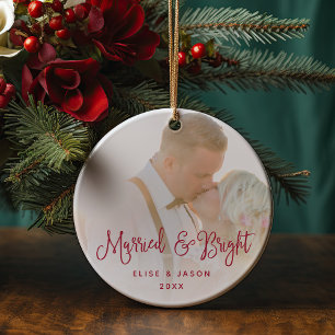 Married & Bright Wedding Photo Ceramic Ornament