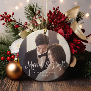 Married & Bright Wedding Photo Ceramic Ornament