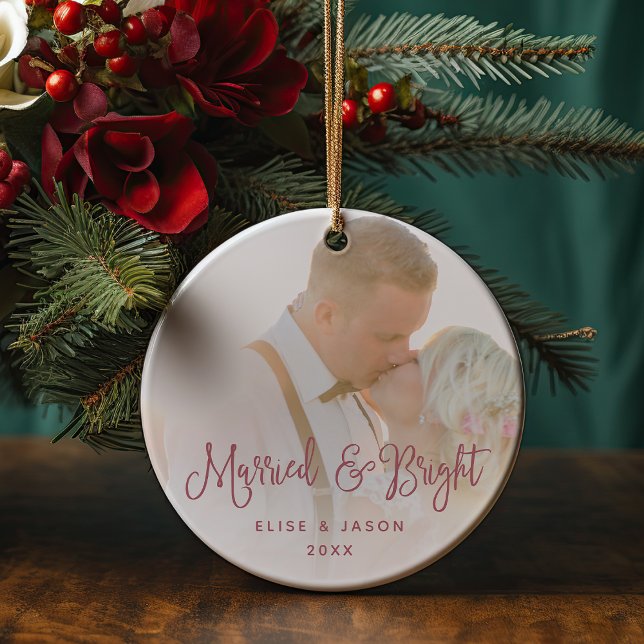 Married & Bright | Wedding Photo Ceramic Ornament (Creator Uploaded)