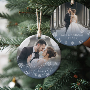Married & Bright Wedding Photo Christmas Ceramic Ornament