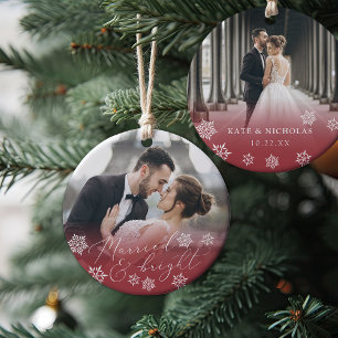 Married & Bright Wedding Photo Christmas Ceramic Ornament