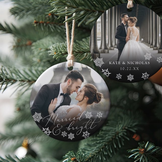 Married & Bright | Wedding Photo Christmas Ceramic Ornament (Creator Uploaded)